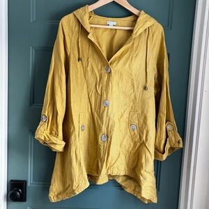 Sigrid Olsen 100% Linen jacket yellow cropped sleeves pockets loose fit